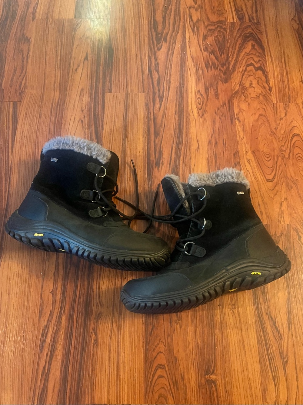 UGG Black Lace-Up Weatherproof Winter Boots with Faux Fur Collar